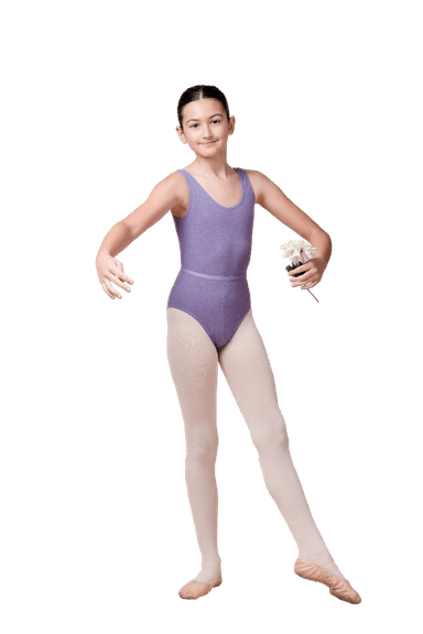 A young ballet dancer in a purple leotard and white tights, standing in a poised ballet position, holding a small bouquet of flowers.