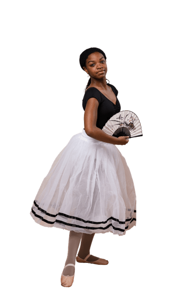 A ballet dancer in a black top and white tutu, holding a decorative fan, posing gracefully.