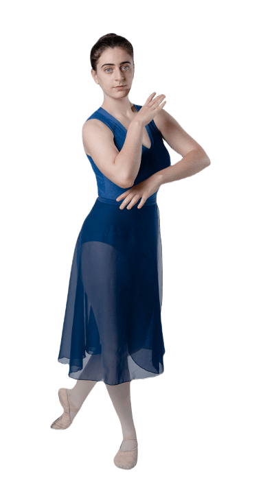 A ballet dancer in a blue leotard and sheer skirt, posing with hands gracefully positioned.